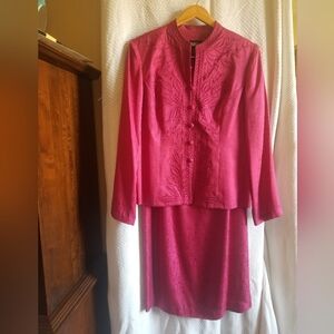 100% Silk Fuchsia Suit Jacket And Long Skirt With Embroidery